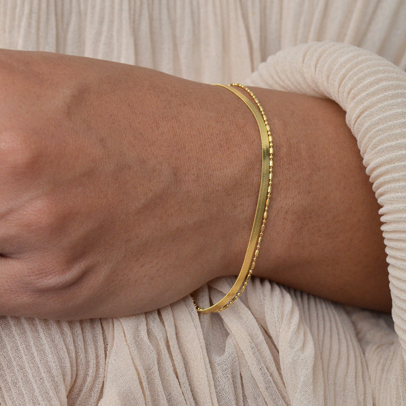 Gold Double Layer Bracelet, Double Herringbone Bracelet, Gold 2 Layer  Bracelet, Beaded Bracelet, Waterproof, Double Snake Chain Bracelet 