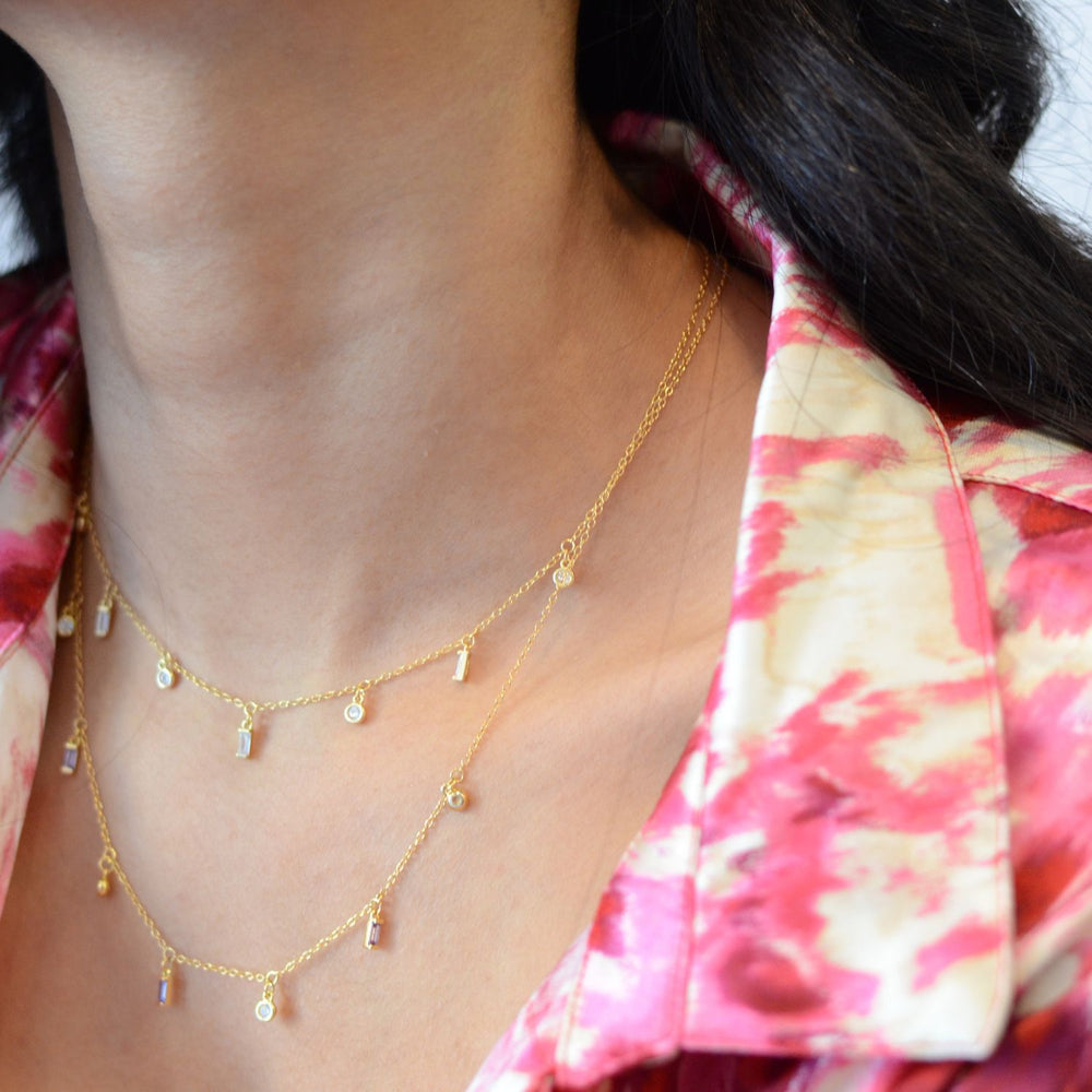Dangling Candy Chain Necklace - Gold with white stones