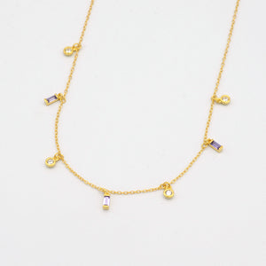 Dangling Candy Chain Necklace - Gold with white & purple stones