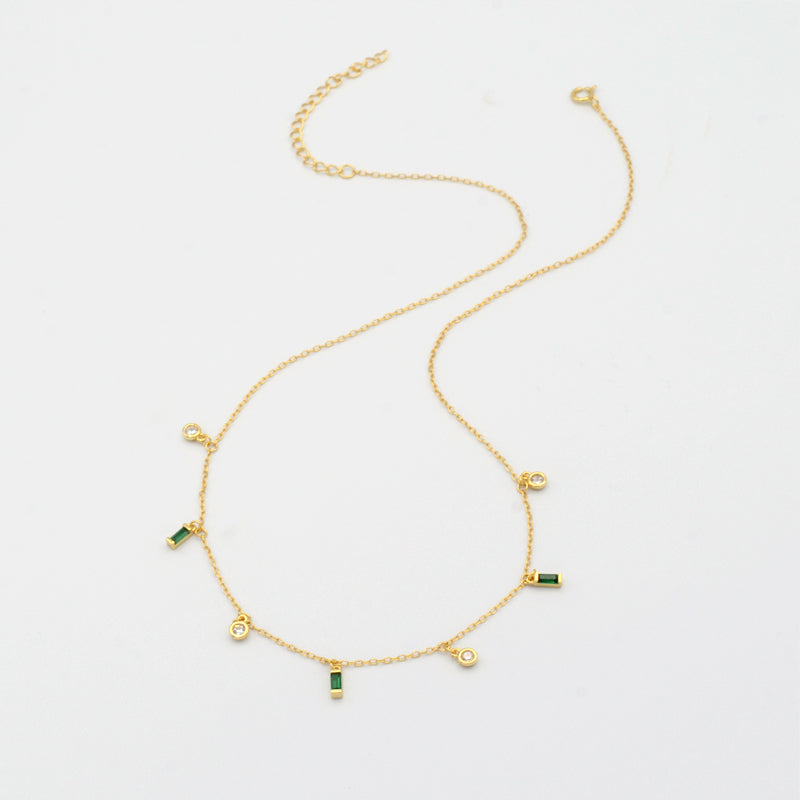 Dangling Candy Chain Necklace - Gold with white & green stones