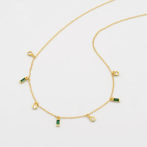 Dangling Candy Chain Necklace - Gold with white & green stones